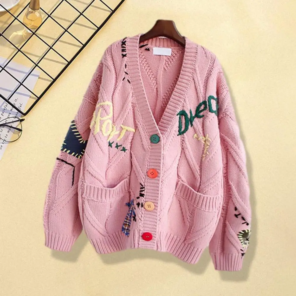 

Fashion Cozy Knitted Coat Ribbed Trim Autumn Winter Embroidery Letter Pattern Buttons Placket Sweater Cardigan Coldproof