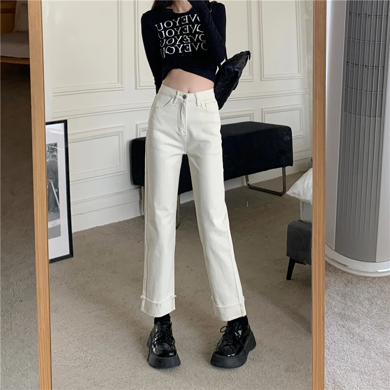 N0744   Jeans women's new loose straight wide leg pants small high waist nine points pants jeans