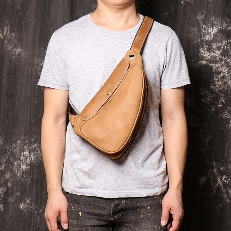 

Men's Fitted Chest Bag Fashion Sports Crazy Horse Skin Small Shoulder Women's Genuine Leather Diagonal Straddle