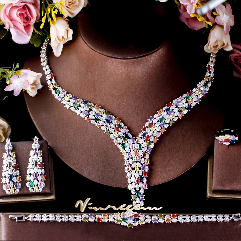 

Vinregem Bohemia Colorful Synthesis Sapphire Gem Anniversary Ring/Necklaces/Earrings/Bracelets for Women Luxury Jewelry Set 4Pcs