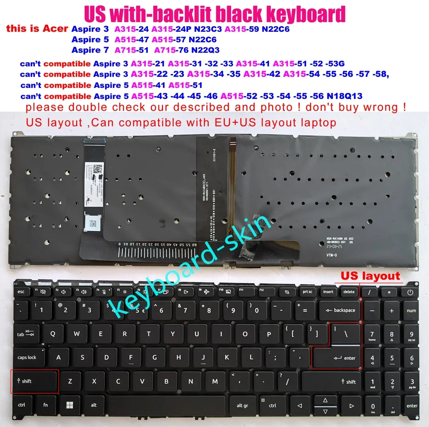 Новая клавиатура США с подсветкой для Acer Aspire 3 A315-59 A315-59G N22C6 5 A515-57 A515-57G 7 A715-51G A715-76G