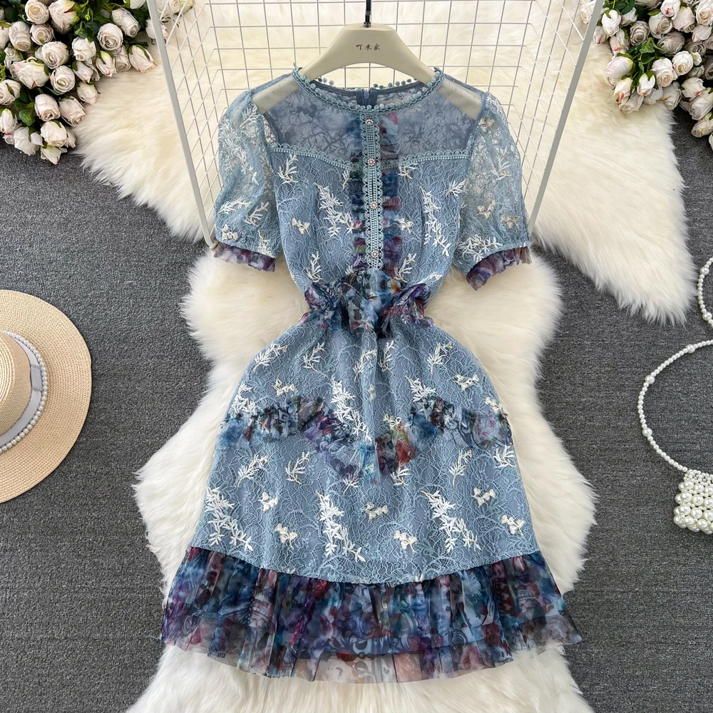 

Vintage Women Lace Dresses Embroidery Pattern Patchwork Mesh A-Line Royal Style Vestido Female Summer Stylish Outfit Frocks XXL