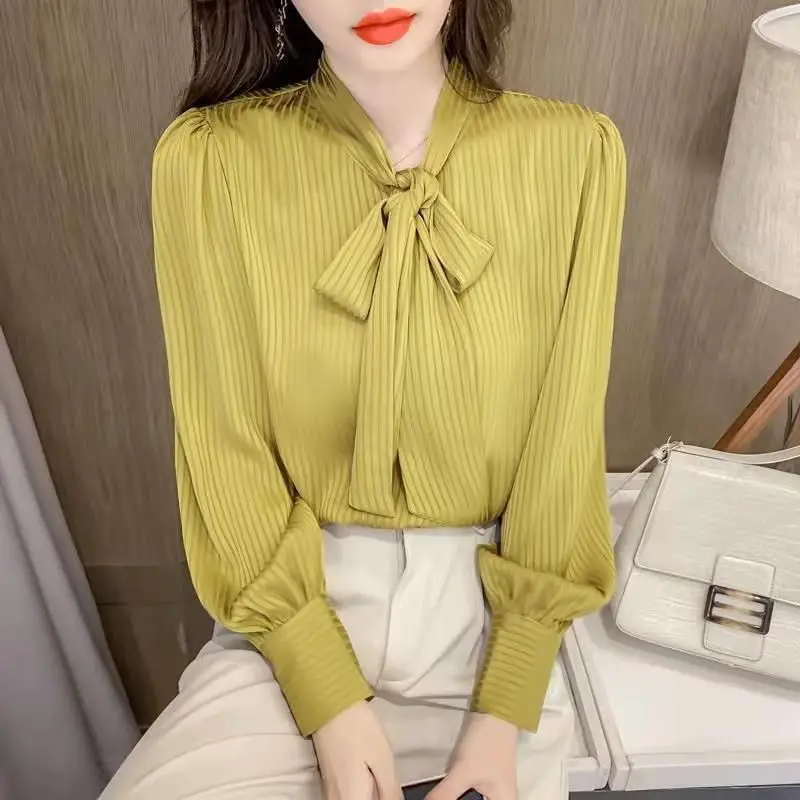 

New 2023 Office Shirt Womens Blouses Bow Vintage Work Casual Tops Chiffon Blouse Elegant Long Sleeve Striped Loose Shirts A771