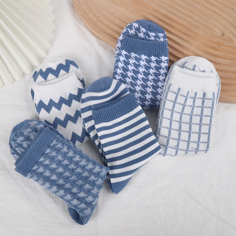 

Women's Classic Houndstooth Check Socks.Cotton Harajuku Ladies Vintage White blue Plaid Socks Stripes Grids Tube Sock Sox Meias