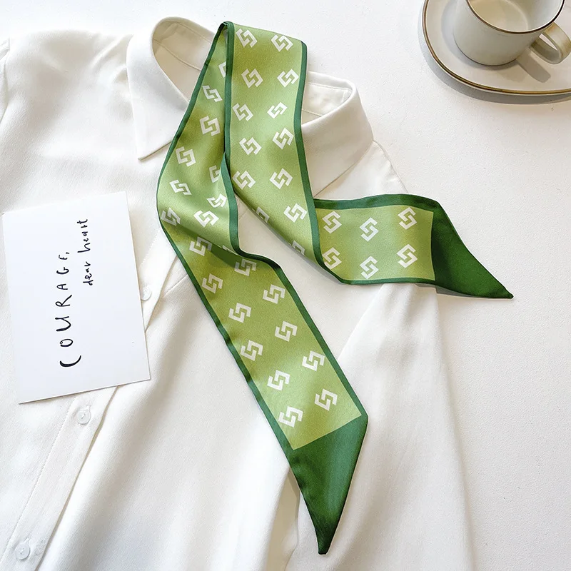 Маленький шелковый шарф зеленого цвета женская тонкая узкая лента для волос на