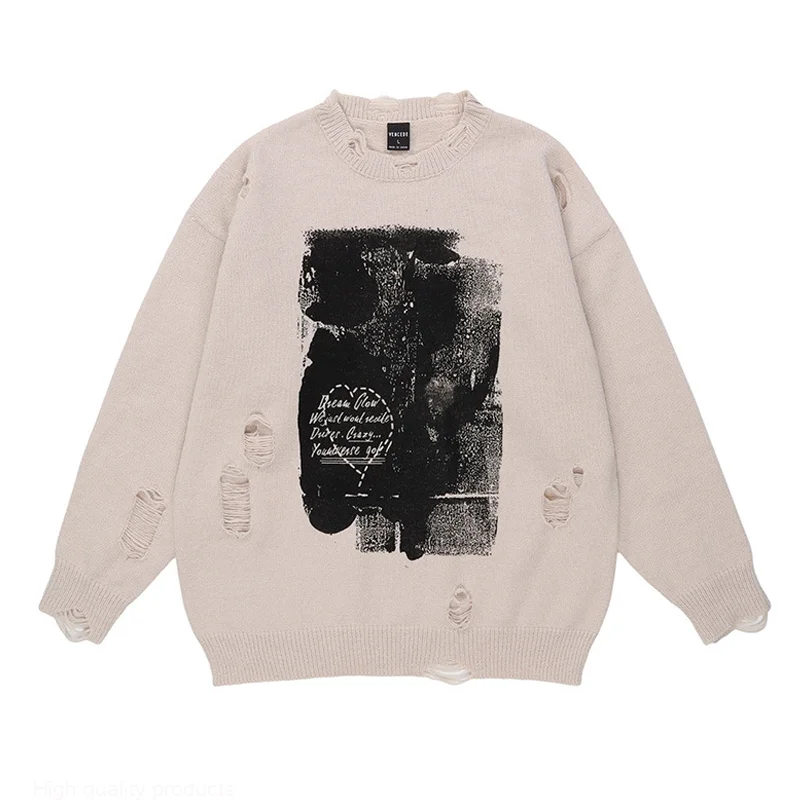 

Hip Hop Streetwear Knitted Sweaters Do the old hole Craft Inkjet Print Pullovers 2023 Men Autumn Harajuku Cotton Casual Sweater