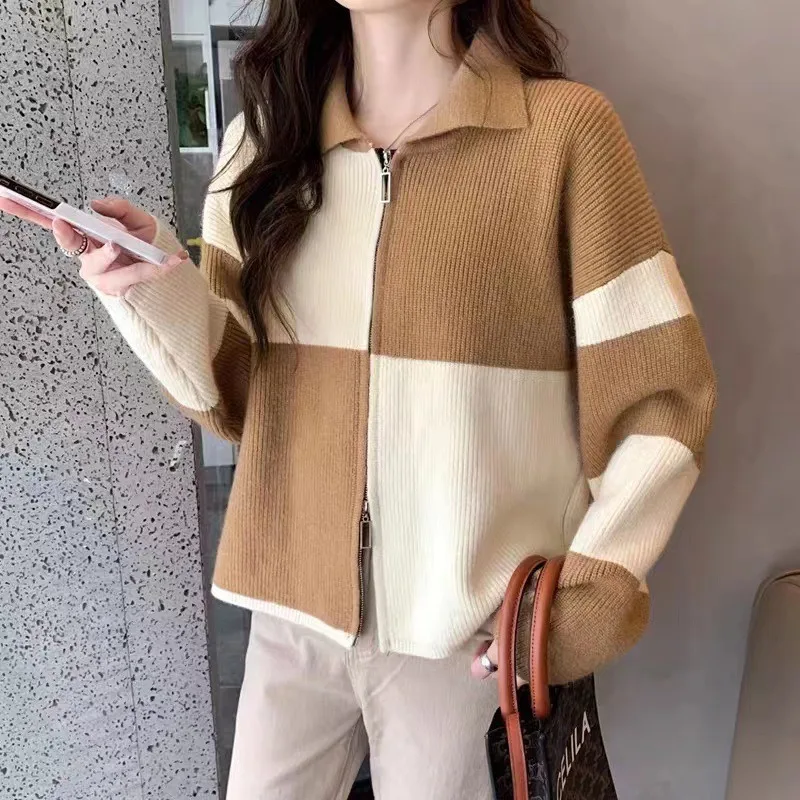 

Lapel-collar Zipper Long-sleeved Top Fashion Color Contrast Stitching Sweater New Korean Version Sweater Knitted Cardigan Women