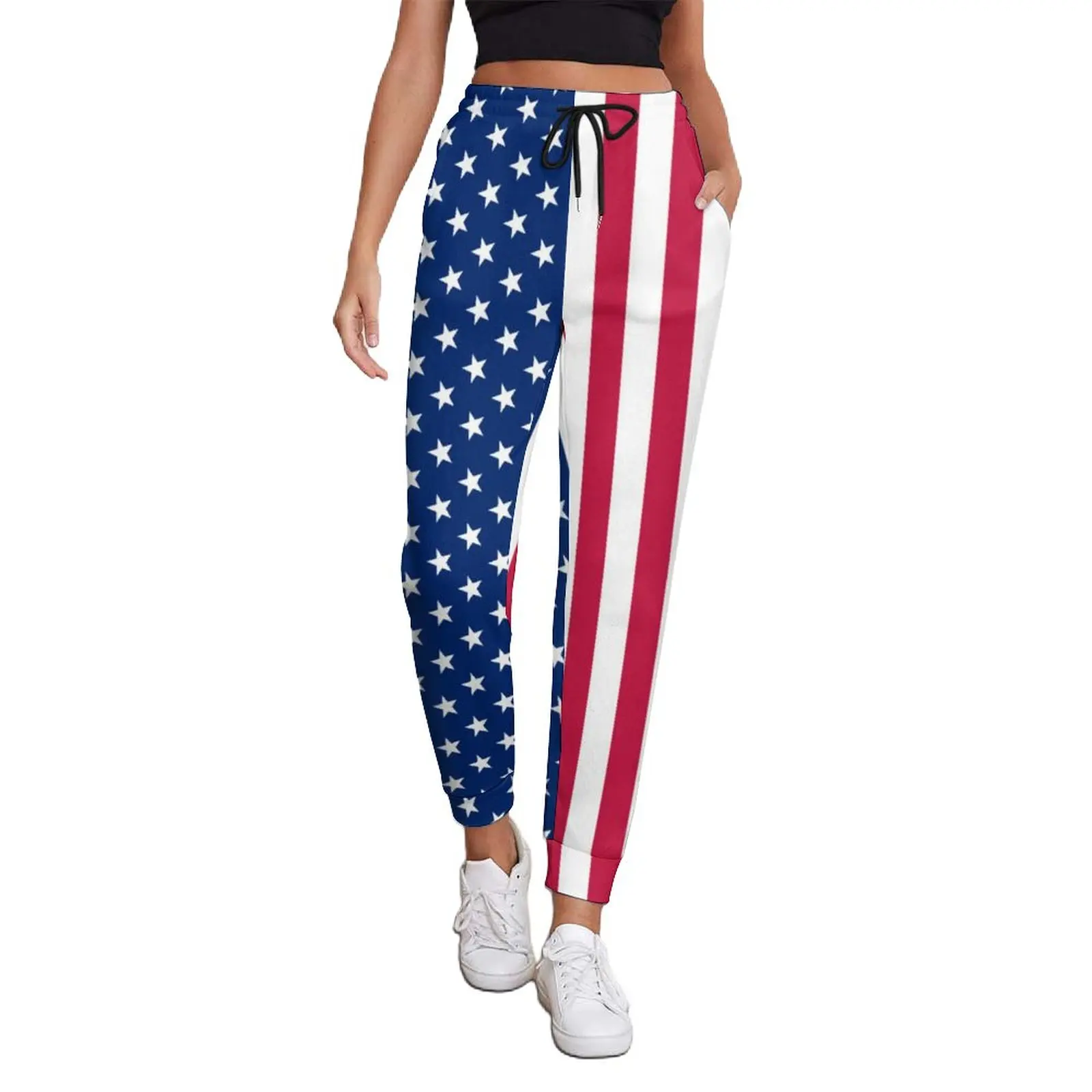 

Женские спортивные брюки, красные, белые, синие штаны для бега со звездами, уличная мода с патриотическим флагом США, повседневные брюки большого размера 3XL на осень