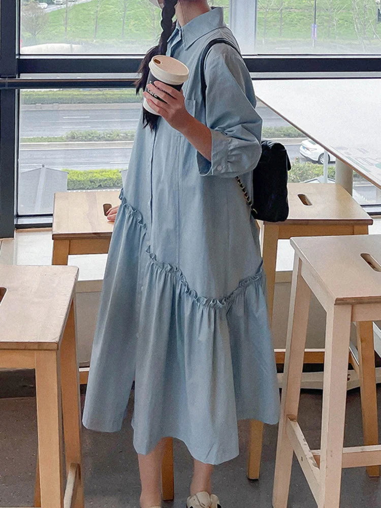 

Платье с лацканами однобортное корейское женское модное лоскутное платье с длинным рукавом Повседневная Женская одежда Новинка 2023