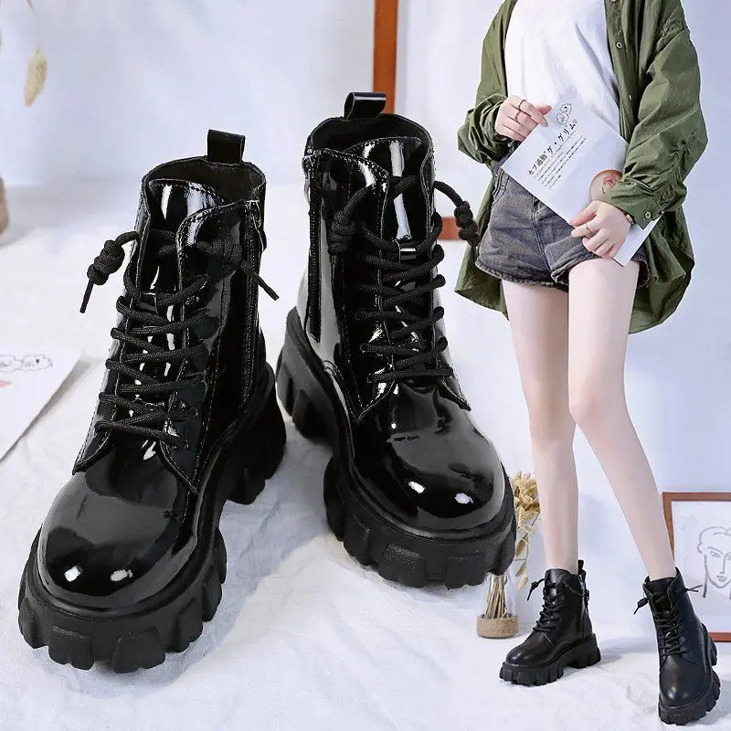 

Women Luxury Designer Ankel Boots Round Toe Med Heel Lolita Boots Ladies Shoes Autumn Boots-women Booties Lace Up Black Boots