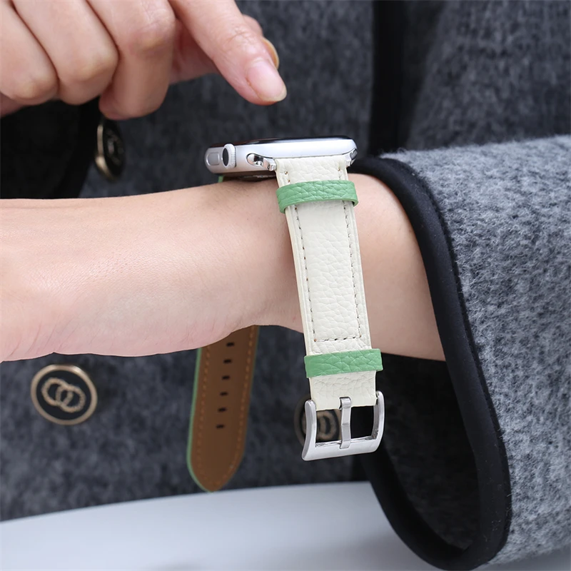 

Кожаный ремешок для Apple watch series 8 7 6 5 4 3 2 1, ремешок с рисунком личи для iwatch Band 49 мм 41 мм 45 мм 44 мм 42 мм 38 мм 40 мм