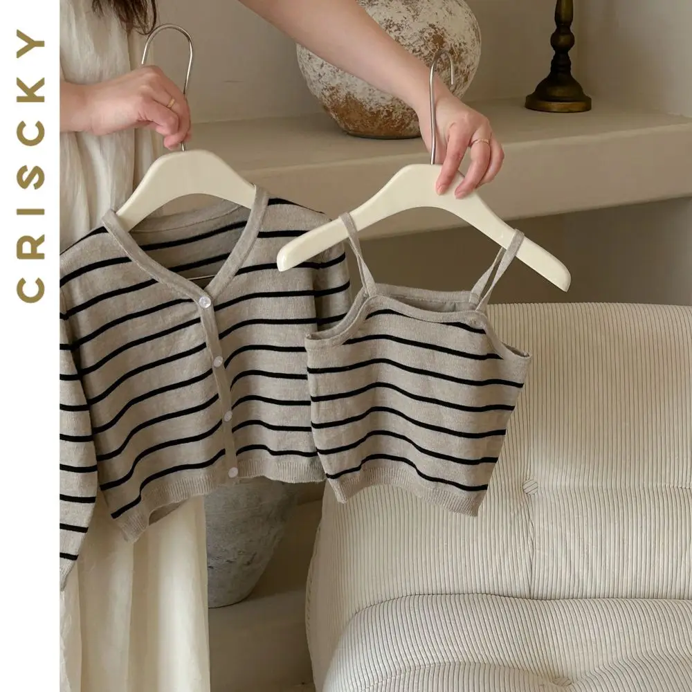 

Girls Striped Knitted Sweaters Baby Kids Vest + Cardigan 2pcs Sweater Tops Autumn 2023 New Toddler Fashion Knitwear