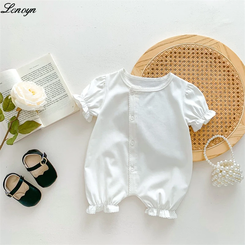 

Lenoyn Summer Fashion New Baby Bodysuit Baby Short Sleeve Wooden Ear Edge Oblique Front Single breasted Creeper Girl