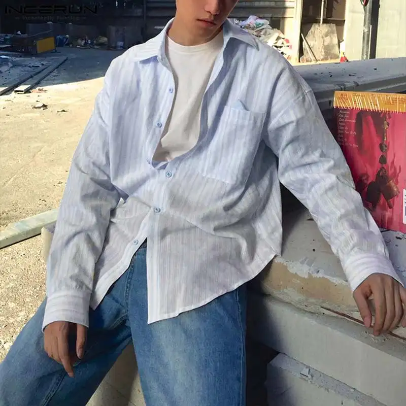 Модные хорошо облегающие Топы INCERUN Мужская индивидуальная рубашка в полоску с