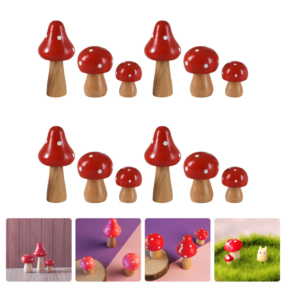 

12 Pcs Wood Mushroom Decor Wooden Figurine Shape Cake Miniature Toy Bonsai Craft