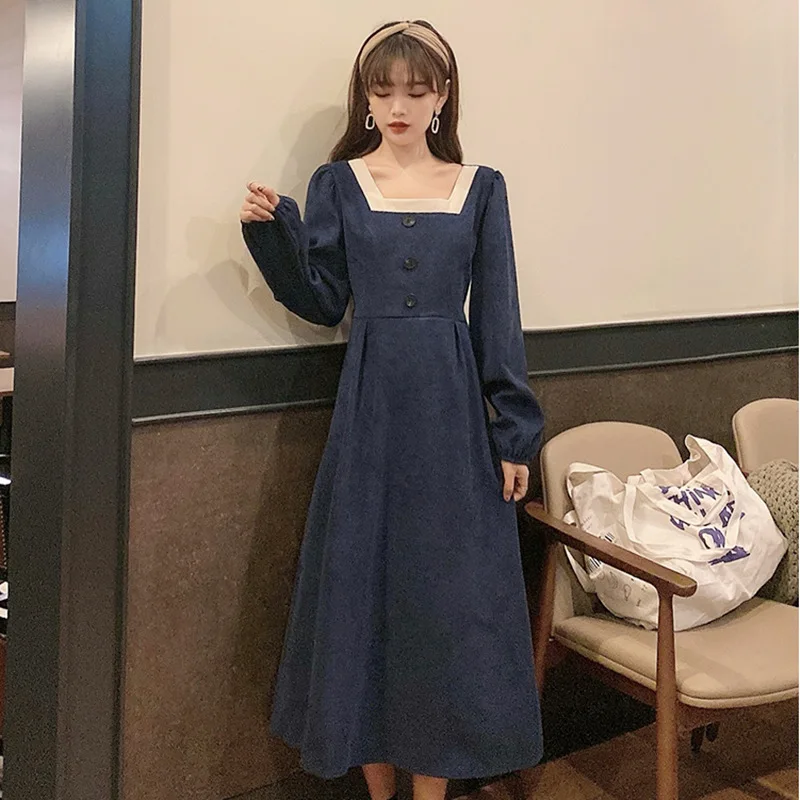 

Large Size Women's Slim Belly-covered Top Over Knee Bottoming Shirt Loose Waist Long Retro Corduroy Dress