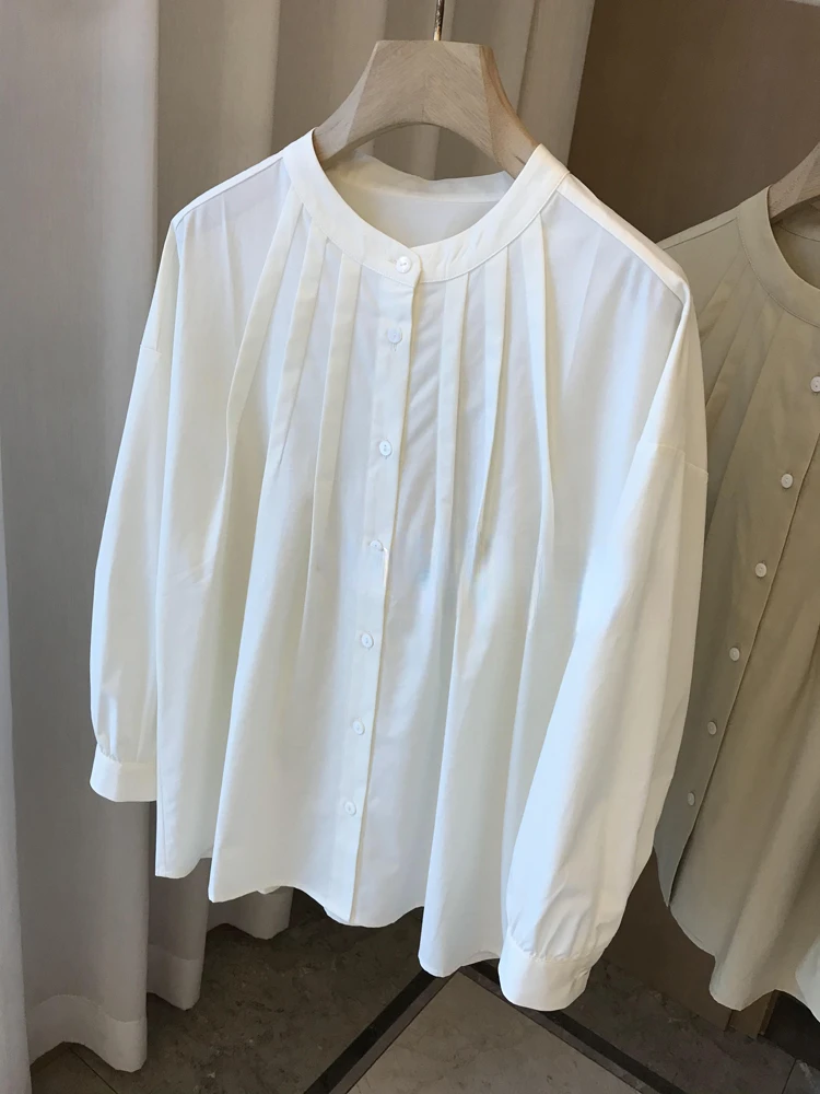 Женская однотонная блузка с длинным рукавом свободная плиссированная в