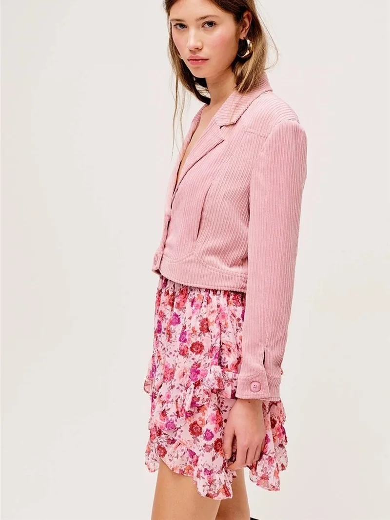 New Pink Corduroy Short Blazer Suit Women Sweet Slim Single Breasted Solid Colors Casual Office Blazer Y2k Retro Cute Streetwear
