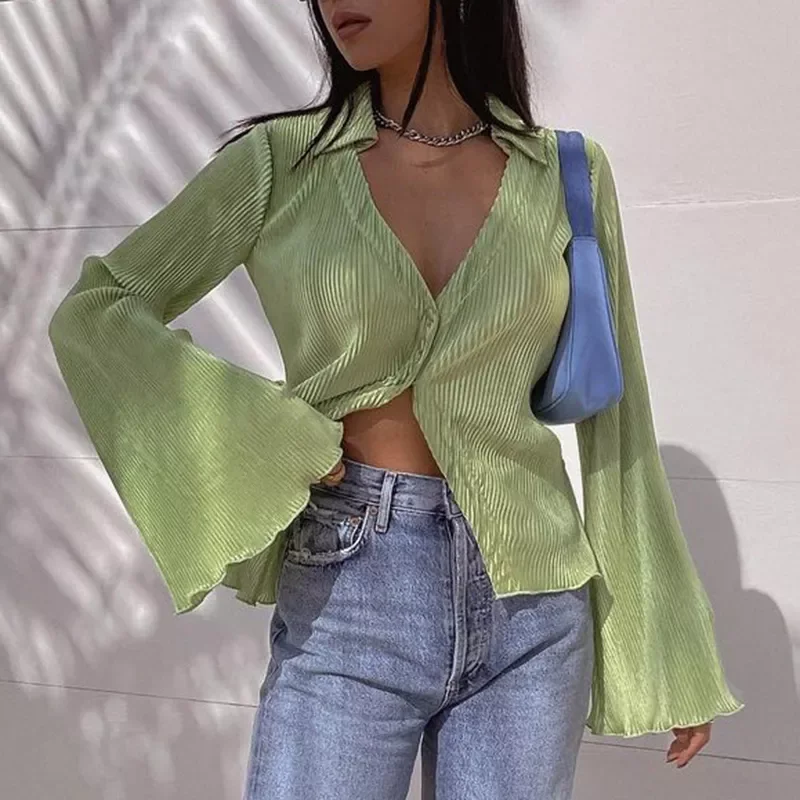 

Green Vintage Flare Sleeve Top Shirt Y2K Button up V Neck Blouse Aesthetic Korean Fashion Streetwear Women's Shirts