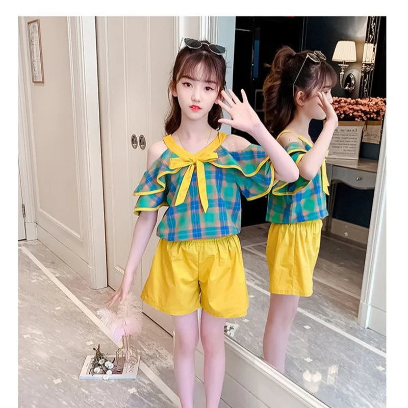 

Girls Clothes Set 2022 Summer Cute Off Shoulder Tops and Shorts for Girls Outfits V-neck Kids Clothing Plaid Children Costume