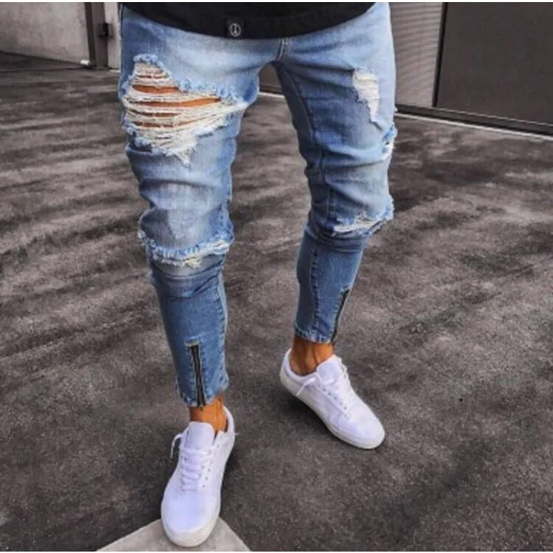 Europe and America New Graphic Jeans Men's Spring Autumn Knee Broken Trousers Y2k Clothes Casual Chic Zipper Men Denim Pants