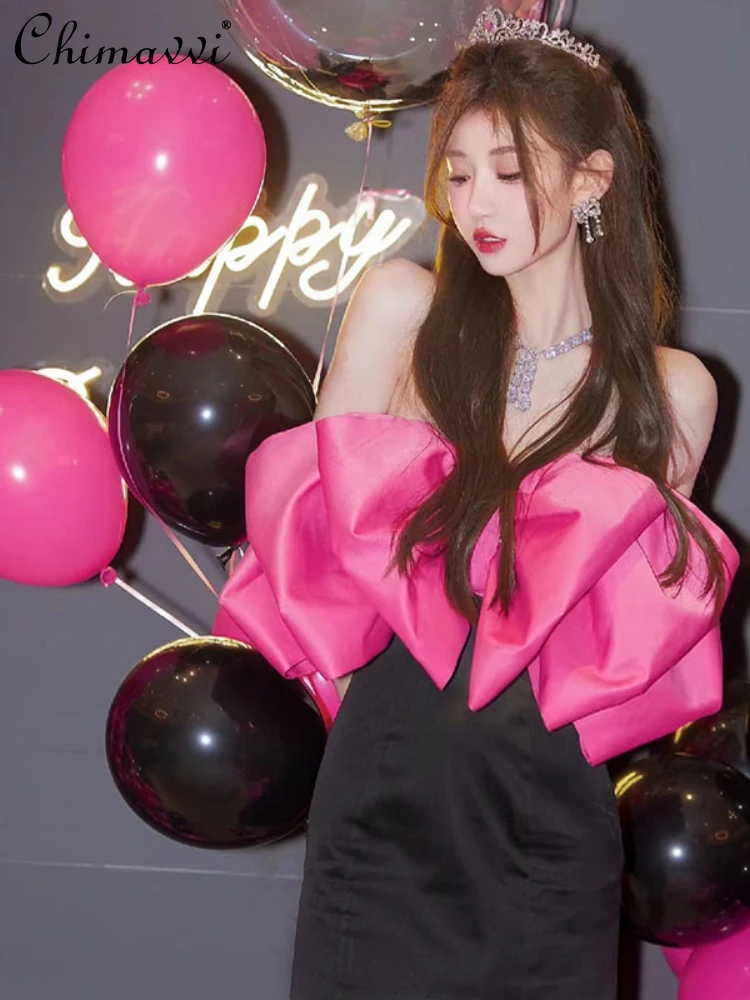 

Модное женское платье во французском стиле на бретельках с бантом, Осень-зима 2023, платье без рукавов с открытым вырезом для дня рождения, сексуальное облегающее короткое платье