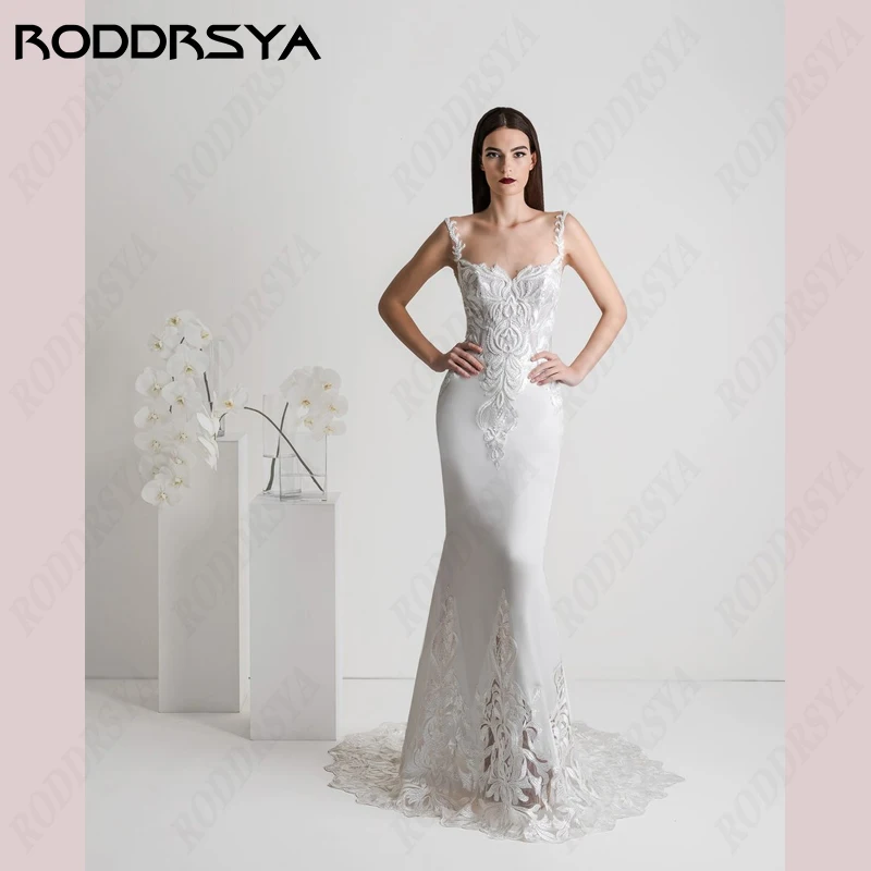 

RODDRSYA Square Collar Mermaid Wedding Dress For Women Spaghetti Straps Tulle Vestidos De Novia Appliques Lace Bridal Gowns