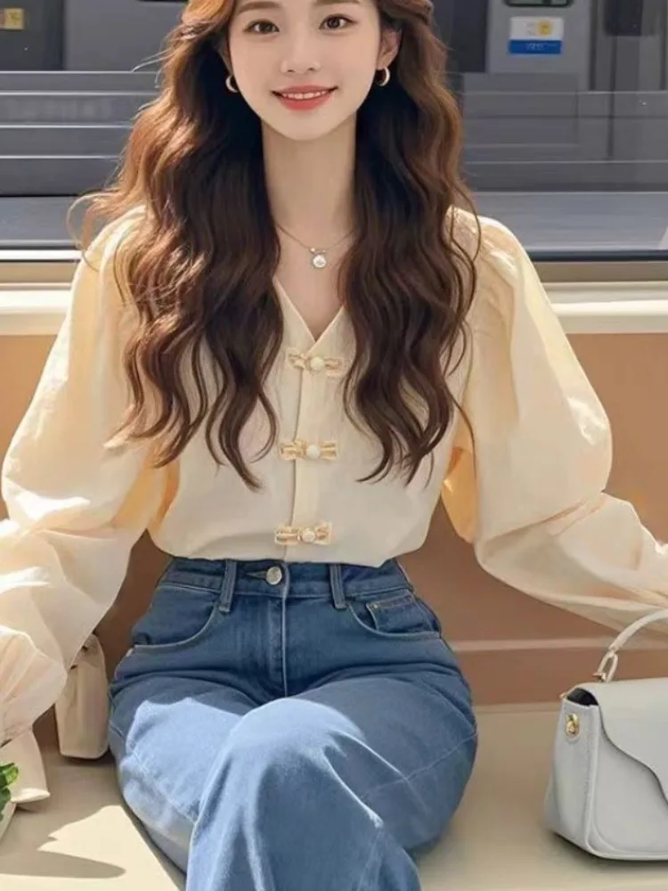 Новые китайские рубашки с длинными рукавами в национальном стиле v-образным