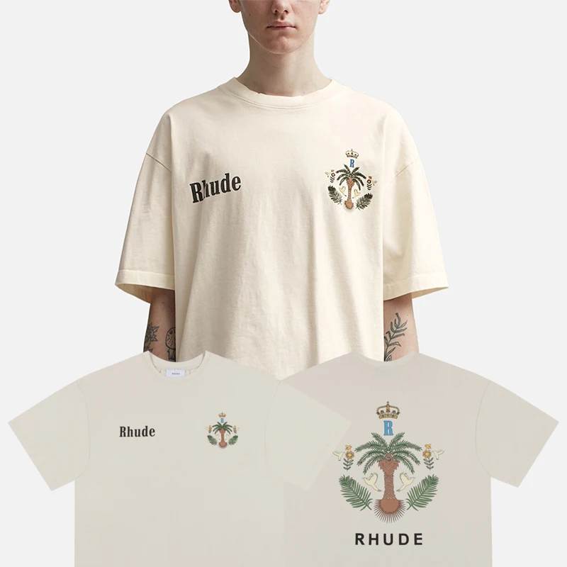 

Rhude Las Palmas Top Tee Crown Palm Palm Print Men street Fashion Y2K Clothing 100%Cotton Oversize Women Short Sleeve T -shirt