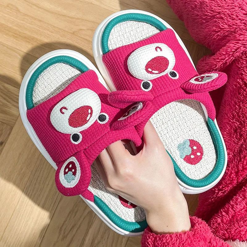 Home Slipper for Womens Four Season Cute Bear Slipper Family Flip Flops Female Cotton Linen Shoes Lightweight Platform Slippers