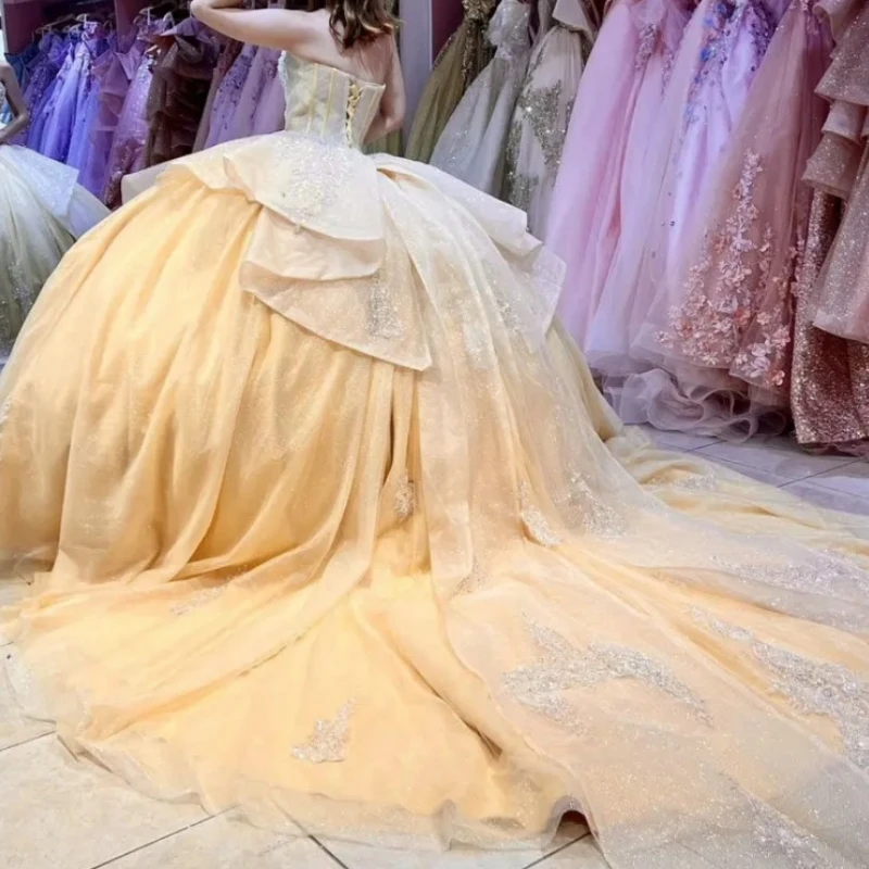 Блестящие золотистые и желтые милые платья для девушек 15-16 дюймов бальное платье