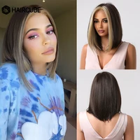 haircube short straight bob synthetic wigs for black women brown with blonde highlight middle part daily heat resistant natural