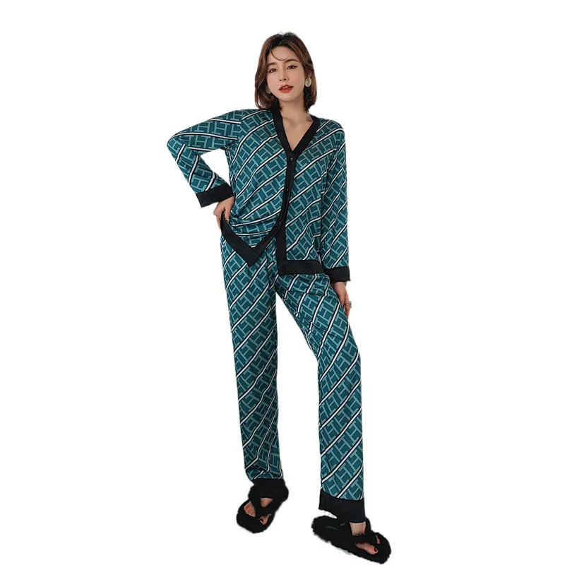 Silk Pajamas Women's Long Sleeve Trousers Two Piece Ice Silk Pajamas Fashion Silk Ladies Loose Casual Luxury Ladies Homewear
