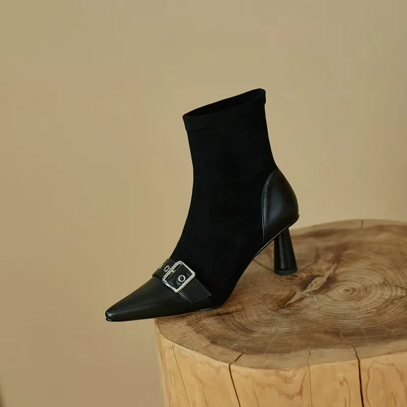 

Concise Genuine Leather Women Ankle Boots 2022 Autumn Winter Side Zipper Thick High Heels Pumps Party Basic Shoes Woman
