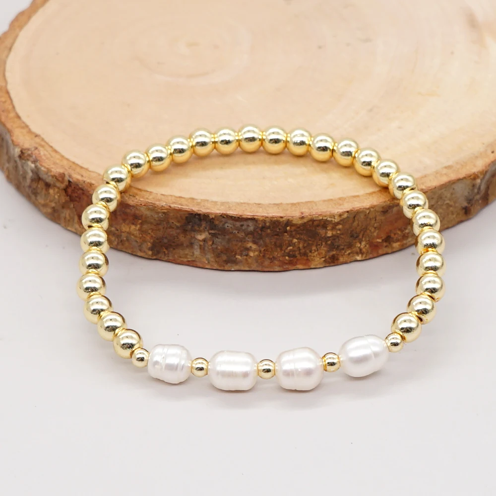 

Gold Plated Ball Beaded Bracelet Natural Freshwater Pearl Stretch Bracelet for Women Girl Handmade Fashion Jewelry Gift Pulsera