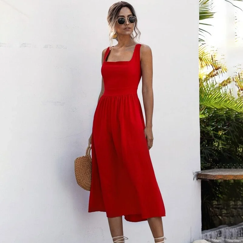 

Women Long Dress Summer Sexy Backless Casual White Black Ruched Slip Midi Sundresses 2022 Ladies Pleated Spaghetti Strap Clothes