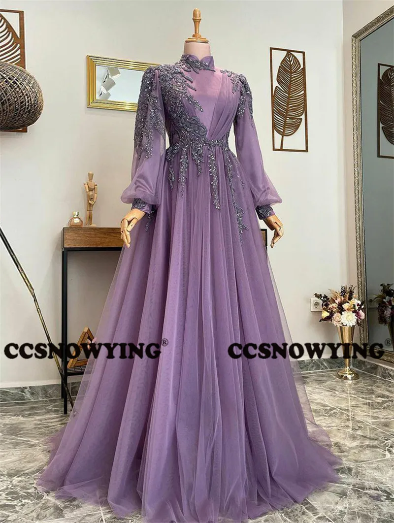 

Фиолетовое Тюлевое платье с аппликацией и длинным рукавом, мусульманские Вечерние платья с высоким воротом, исламский хиджаб, вечерние пла...