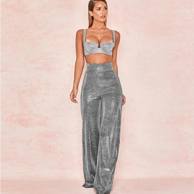 Брюки Y2k женские с широкими штанинами блестящие прямые длинные штаны высокой