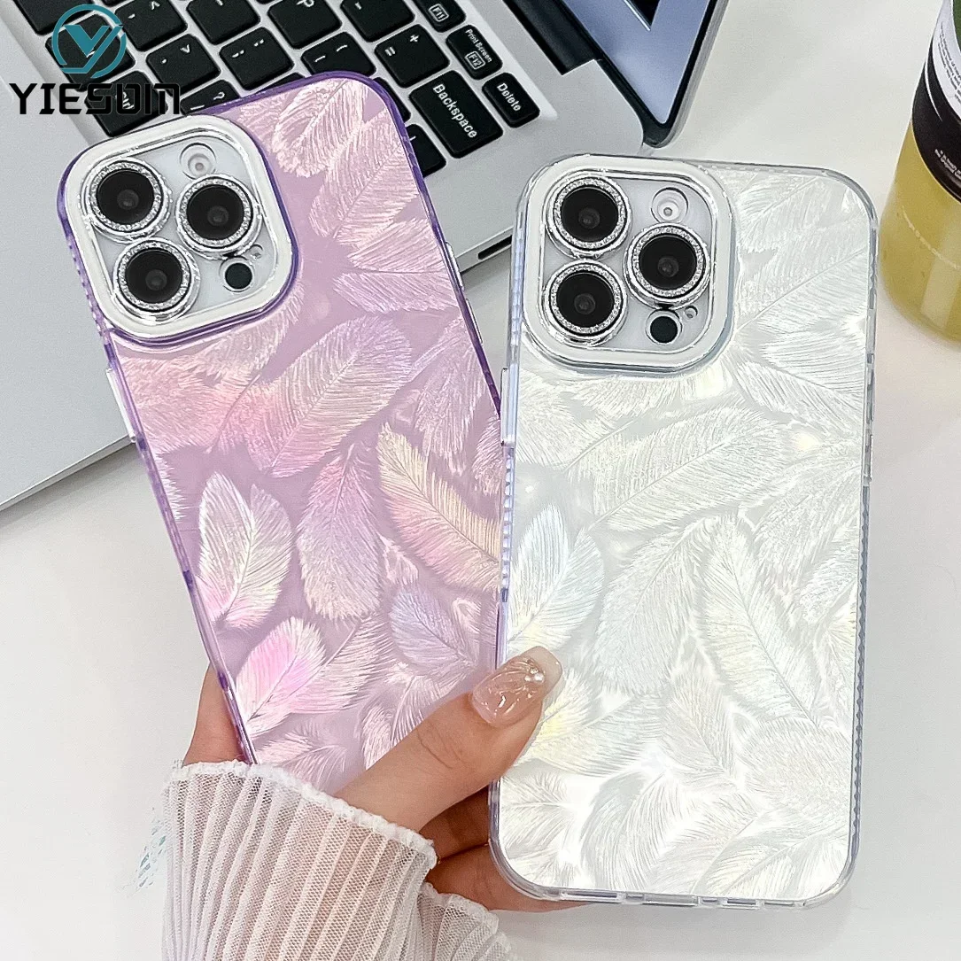 Роскошный чехол для телефона с лазерным перьем iPhone 16 15 14 13 Pro Max Plus Радужный