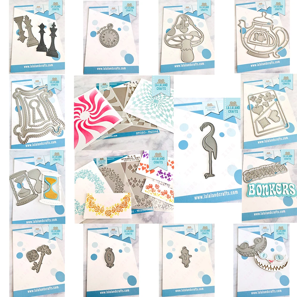 

New Diy Flamingo Chess Playing Card Glass Watch Smile Bonkers Keyhole Falling Wonderland Stencil Mushroom Tea Set Frames Cut Die