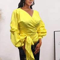 2021 yellow women blouse tops new folds waist belt v neck lady bow puff sleeve fashion casual shirts female clothes blusas