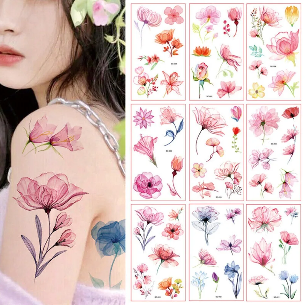 

Красочные Цветочные Временные татуировки для женщин и девочек, реалистичные Лавандовые бабочки, цветы, искусственные тату-наклейки, татуировки на предплечье, тело, 3D татуировки