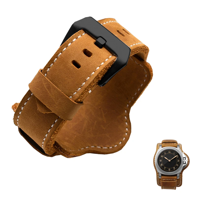 For Fossil  Panerai PAM genuine leather wristband with tray bracelet with stainless steel buckle handmade strap 20 22 24 26mm