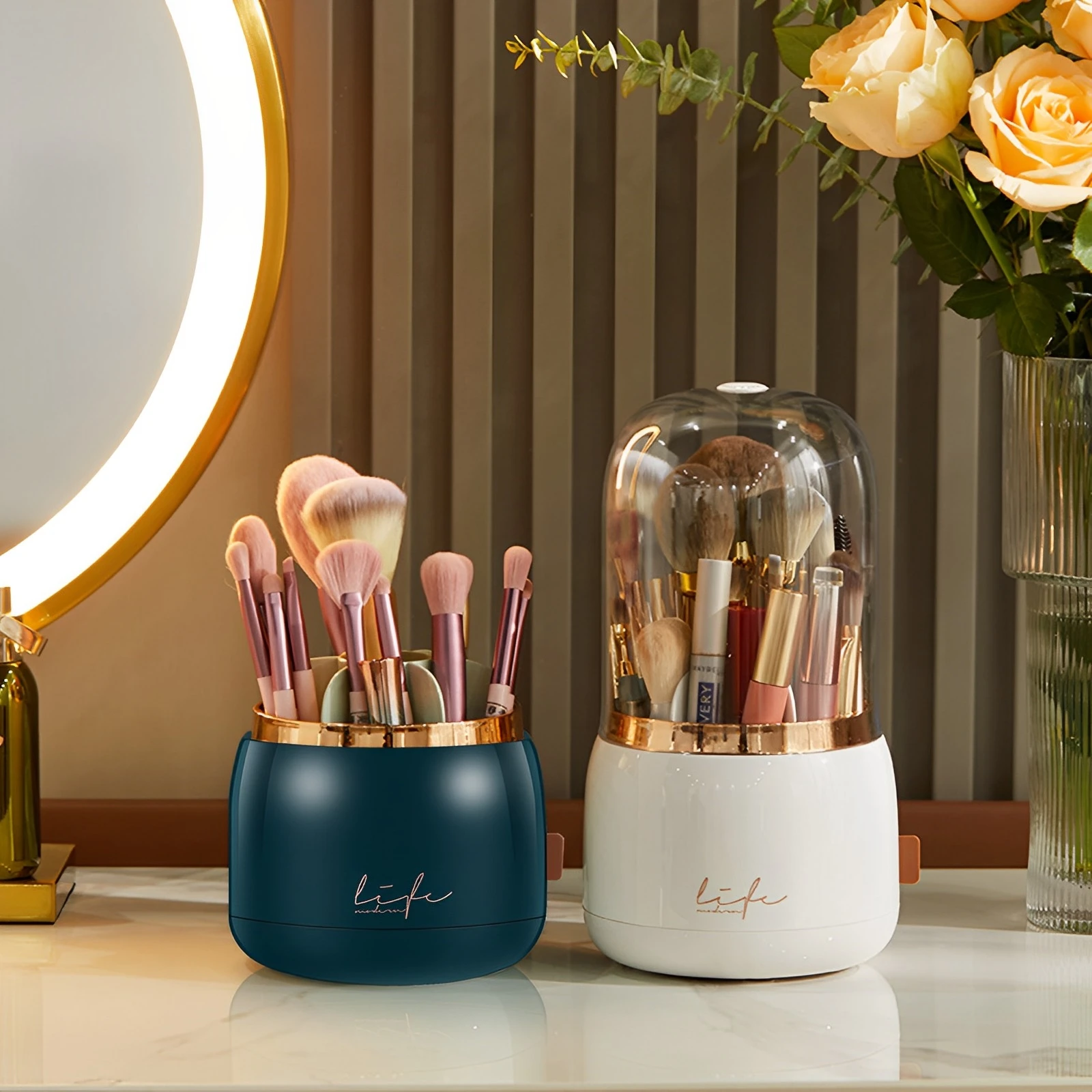 

New Makeup Brush Holder 360° Rotating Cosmetics Brushes Organizer with Clear Lid Dustproof Makeup Brushes Container Round Pen
