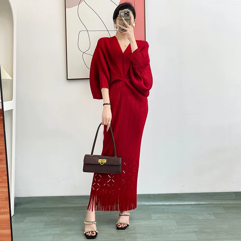 

Женское плиссированное платье миаке с бахромой и рукавами «летучая мышь», новое летнее длинное платье макси, дизайнерское повседневное платье, Q228, 2023