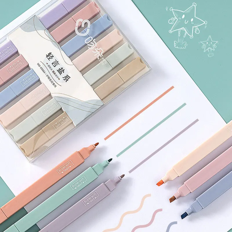 

6 PCS Macaron Double Tip Highlighter Pens Art Marker Kawaii Candy Color Manga Colored Pen Soft Tip Stationery Student Supplies