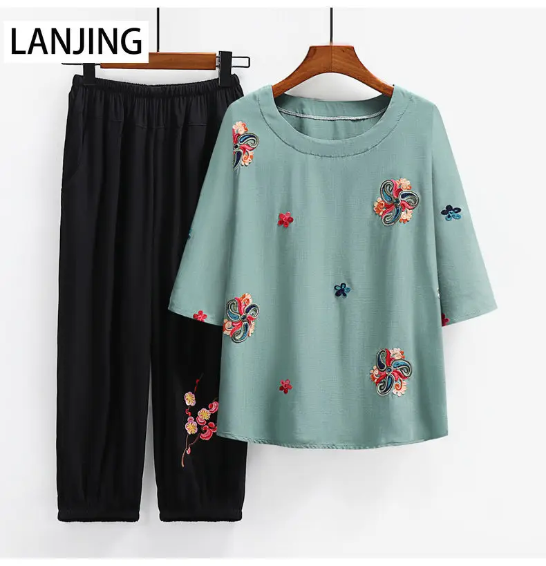 

Summer Short Sleeve T-Shirt Embroidered Cotton Linen Two Piece Suit Women's Clothes Floral Casual Cotton Spring/Autumn