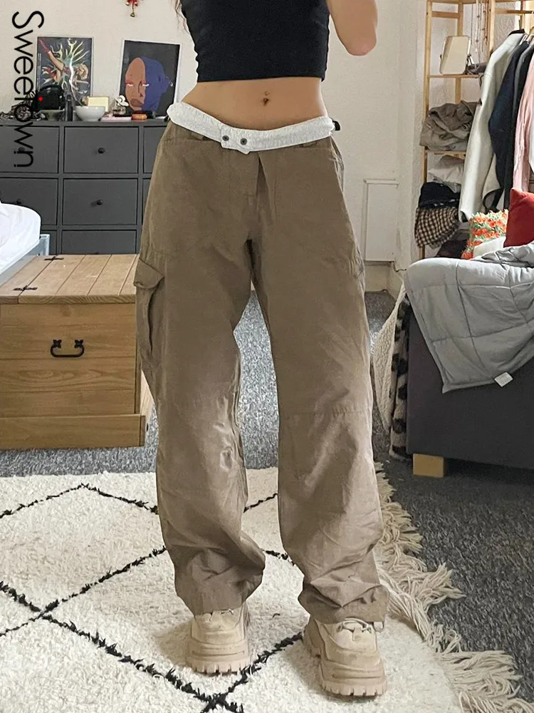 

Sweetown Brown Folds Low Waist Vintage Y2K Cargo Pants Women Pockets Streetwear Straight Trousers 90s Casual Joggers Cotton