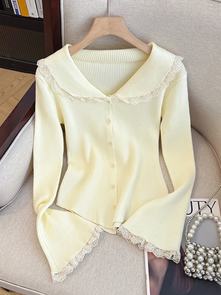Self-Retained Recommend ~ Lace Doll Collar Bell Sleeve Knit Women Autumn New Chic Base Top