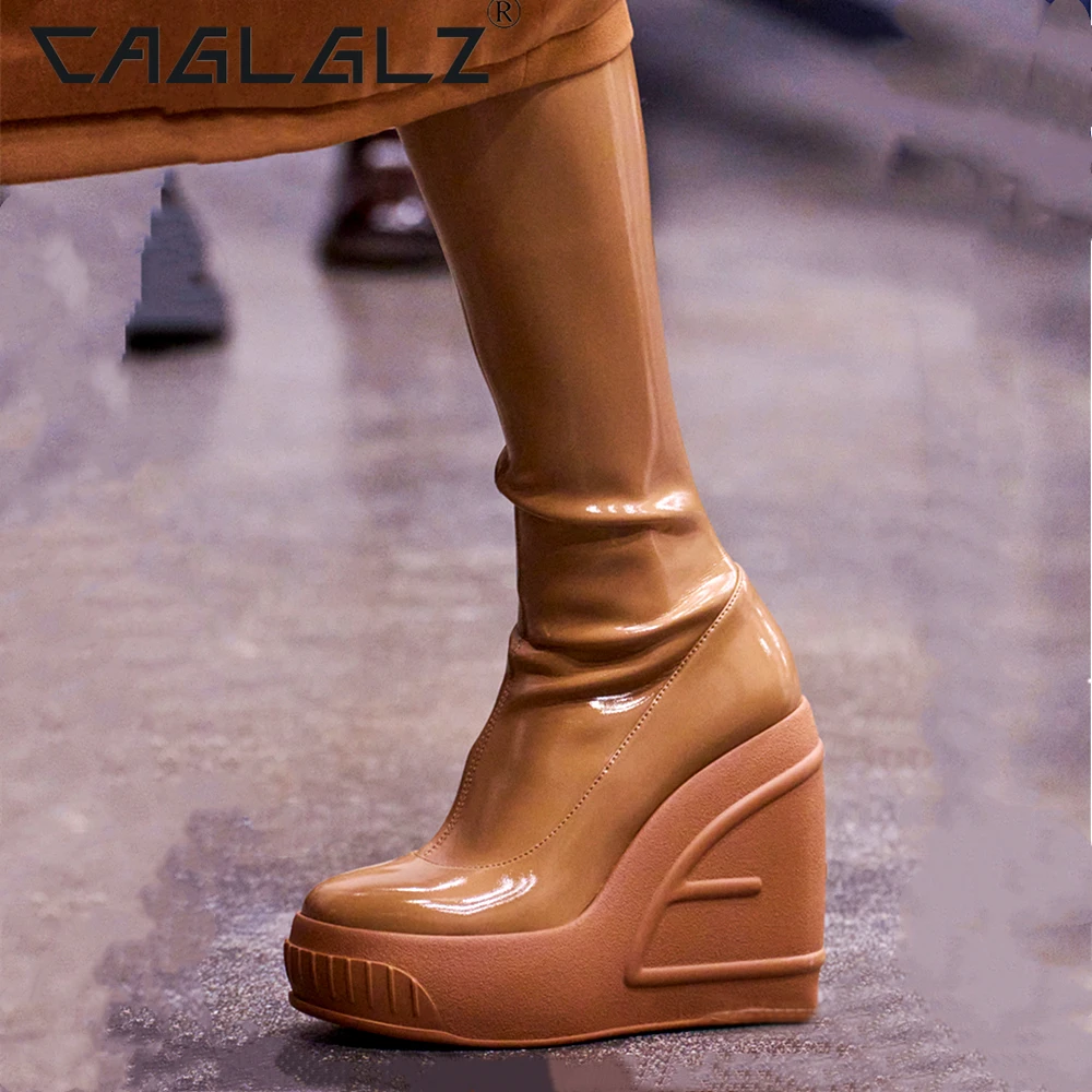 2023 CAGLGLZ Autumn and Winter New Women's Zipper Round Head Fashion Party Lacquer Leather Wedge High Heel Boots 14 inch shoes